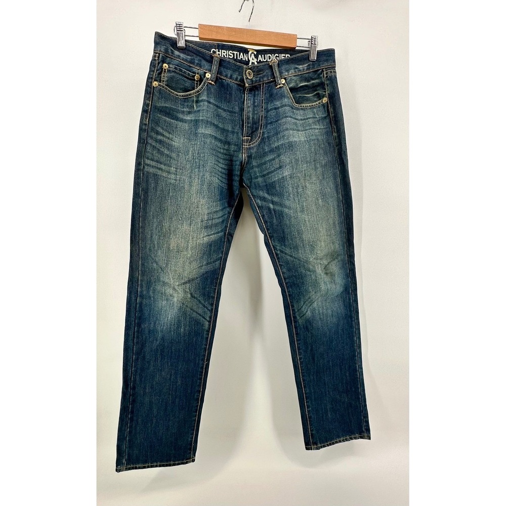 Christian‎ Audigier Mens 32x32 Blue Wash Denim Jeans Distressed Logo
